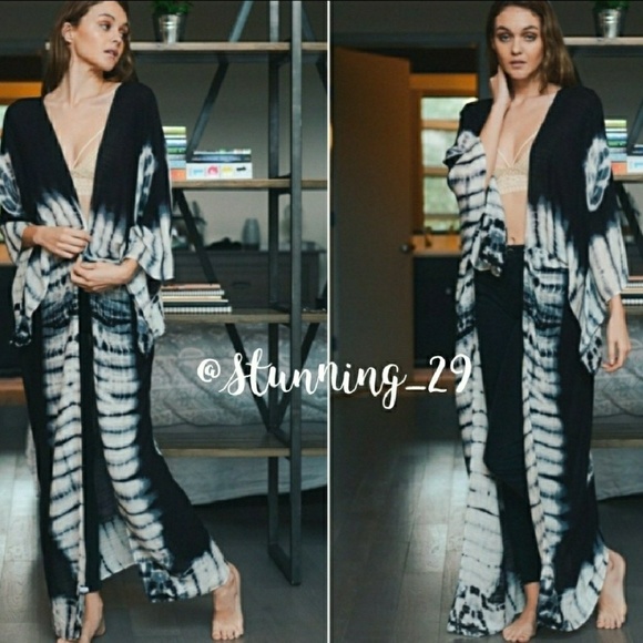 🆕BOHO BLACK TIE DYE OPEN FRONT LONG KIMONO DUSTER - Picture 7 of 8